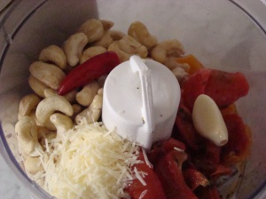Cashews, tomato, pepper, chilli, garlic, cheese, ingredients